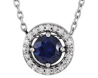 14K Gold Lab Sapphire Halo Pendant Necklace  16-18" Necklace