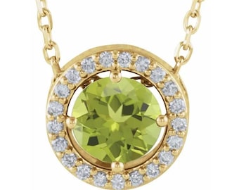 14K Gold Natural  Peridot Halo Pendant Necklace  16-18" Necklace