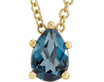 14K Gold Natural  Pear London Blue Topaz Pendant 16-18" Necklace