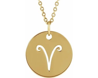 14K Yellow / White Gold Zodiac Disc Pendant Necklace - (16.5 mm Disc )