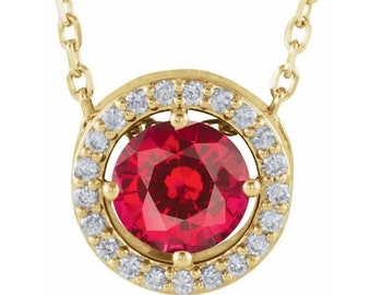 14K Gold Lab Created Ruby Halo Pendant Necklace  16-18" Necklace