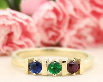 2 3 4 5 or 6 Birthstones Simple Bar Mother's Ring in Solid 10k or 14k White,  Yellow Or Rose Gold Family Jewelry