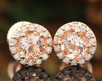 AAA Morganite and Diamonds Halo Earrings in 14k Rose gold, Screw Back  P172