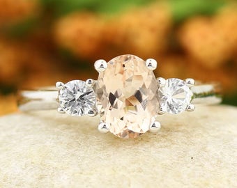 Natural  Morganite Solid 14K White Gold white sapphire engagement Ring Gem758