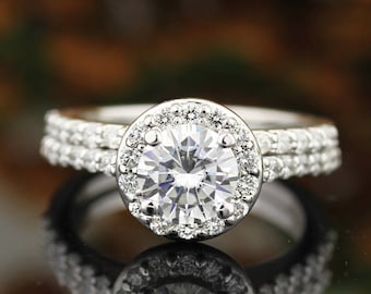 IGI Certified Lab Grown Diamond Solid 14K White Gold Halo Engagement Ring Set Gift For Her