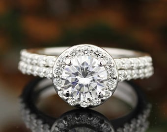 Certified  Forever One colorless Moissanite  14K White Gold Diamond Engagement Halo Ring Set - Gem1471