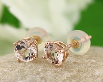 Solid 14k Rose Gold Morganite  Stud Earrings, 5mm round