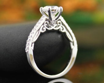 Ready to Ship--Forever One Moissanite Near-colorless  14K White Gold Floral style  Engagement  Ring -SIZE 7