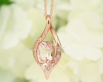 Solid 14k Rose Gold Infinity Drop Morganite Diamond Pendant Necklace, 18" (8x6mm Oval Morganite)