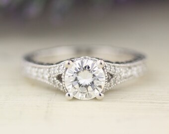 1.00 carat 6.5mm Round Brilliant  Moissanite Art Deco Vintage Engagement Ring ENR7890