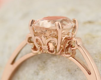 Natural 1ct Morganite  Fleur-de-Lis Ring In Solid 14K Rose Gold - Gem1305