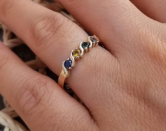Family Wave Mother's Ring 2 to 6 Birthstones  In Solid 10k  Yellow Gold ( 2-6 Stones ) , Family Wave Ring. *****(Fast Shipping)*****