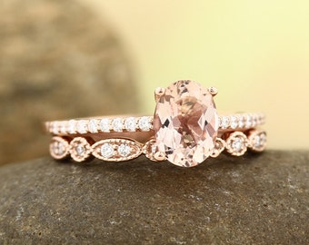 Morganite Engagement Ring Set , Diamond Wedding Ring Set  with Art deco wedding band In 14k Rose Gold 8x6mm Oval Gem1403