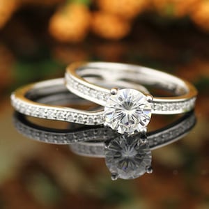 Certified Forever One Moissanite Near Colorless Engagement Ring & Diamond Wedding band set  In 14k White Gold,  Gem1474