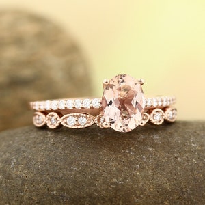 Morganite Engagement Ring Set , Diamond Wedding Ring Set  with Art deco wedding band In 14k Rose Gold 8x6mm Oval Gem1403