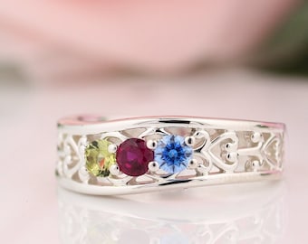 2-5 Birthstones Mother's Ring in Solid 10k, 14k White, Yellow Or Rose Gold Or Sterling Silver  Custom Family Ring ST71405