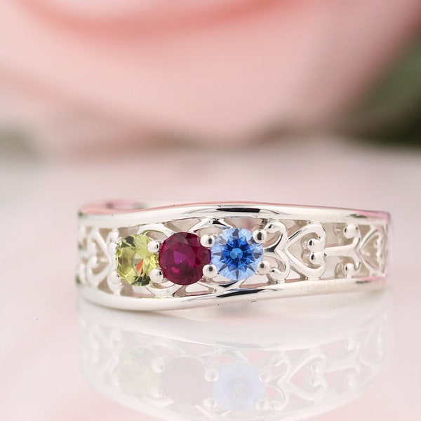2-5 Birthstones Mother's Ring in Solid 10k, 14k White, Yellow Or Rose Gold Or Sterling Silver  Custom Family Ring ST71405