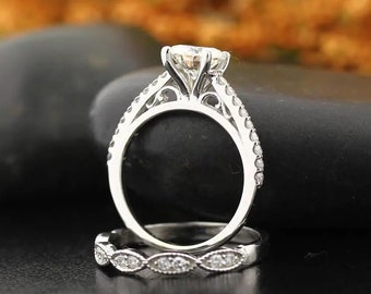 IGI Certified Lab Grown Diamond Solid 14K White Gold Engagement Ring Set Gift For Her Gem1403
