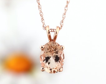 GNG Solid 10k Rose Gold Fancy Color Morganite Solitaire Pendant Necklace, 18" (8x6mm ,7x5mm Oval Morganite)