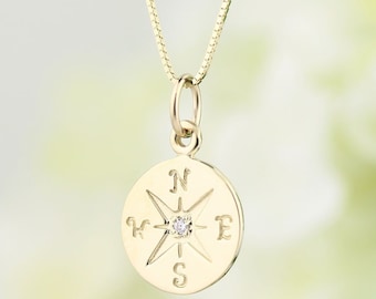 14K Solid Yellow  Gold Diamond Compass Pendant Necklace, 18" Solid Gold Box Chain