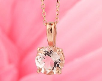 Solid 14k Rose Gold Scroll Style 0.75ct - 1.25ct Round Morganite Pendant Necklace, 18" 14k Rose Gold