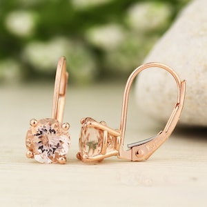 Solid 14k Rose Gold Morganite Dangle Lever back Earrings (Morganite)