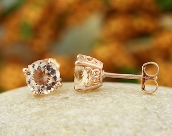 Solid 14k Rose Gold Morganite Stud Earrings