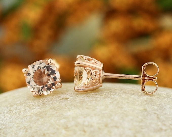 Featured listing image: Solid 14k Rose Gold Morganite Stud Earrings