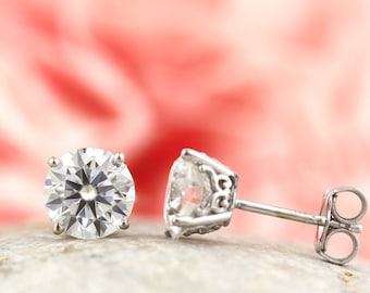 1.5 cttw Moissanite 14k White Gold earrings,  vintage scroll style, Yellow, rose gold available