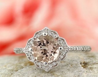 Morganite Engagement Ring Diamond Wedding Ring Vintage Floral Ring In 14k White Gold Gem1224