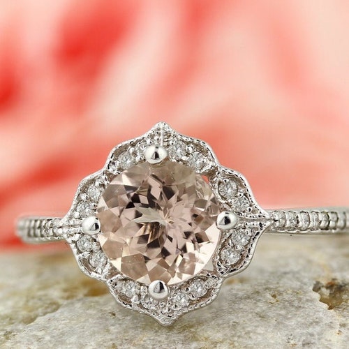 Morganite Engagement Ring Diamond Wedding Ring Vintage Floral - Etsy
