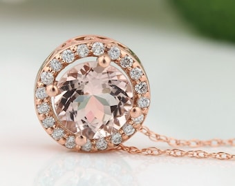 10k Rose Gold Diamond Morganite Halo Style Pendant Necklace, 18" (Rose-Gold)