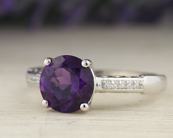 Natural Round 8mm Purple Amethyst  Solid 14K White Gold Diamond engagement  Ring Set - ST233444-1027