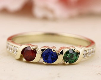 3 Birthstones Wave Mother's Ring in Solid Silver ,10k White, Yellow Or Rose Gold Custom Family Ring