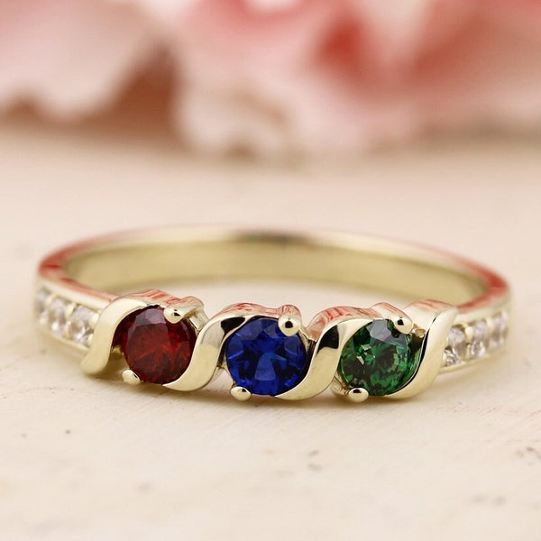 Birthstones ( 3-4 Stones ) Wave Mother's Ring in Solid Silver ,10k White, Yellow Or Rose Gold Custom Family Ring