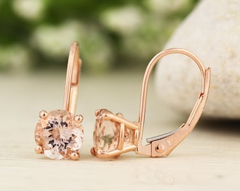 Solid 14k Rose Gold Morganite Dangle Lever back Earrings (Morganite)