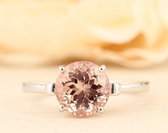 Natural AAA Round 8mm Morganite   Fleur-de-Lis Ring  Solid 14K White Gold Diamond engagement  Ring - Gem936