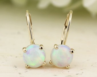 Natural Multi-Color Ethiopian Opal Leverback Earrings In 14k Yellow Gold (6mm Round)