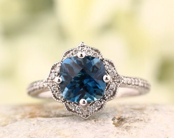 AAA London Blue Topaz Engagement Ring Diamond Wedding Ring Vintage Floral Ring In 14k White Gold Gem1224