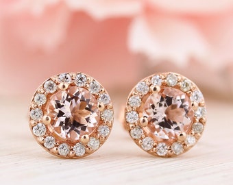 AAA Morganite Earring, Fancy  Halo Earrings 14k Rose Gold Morganite Stud Earrings Center 5mm  Round Post Earring  P172