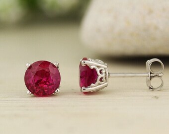 Solid 14k White Gold AAA Created Ruby Scroll Stud Earrings, 6mm Round each (Lab-created Ruby)