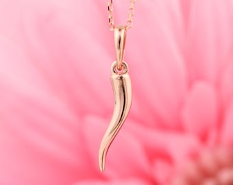 14K Solid Gold Italian Horn 16-18" Necklace, White, Yellow or Rose Gold.