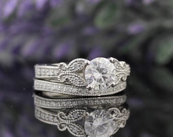 IGI Certified Lab Grown Diamond Engagement Ring Set , Vintage Butterfly  style Bridal Set  In 14k White Gold,Yellow Gold, Rose Gold