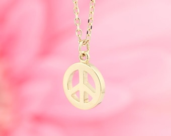 14K Solid Gold Peace Symbol 16-18" Necklace, White Yellow or Rose Gold.