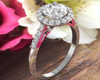 Certified Forever One DEF Moissanite Diamond Floral Style Engagement Ring, Diamond moissanite Wedding Ring In 14k White Gold  Gold - Gem1494