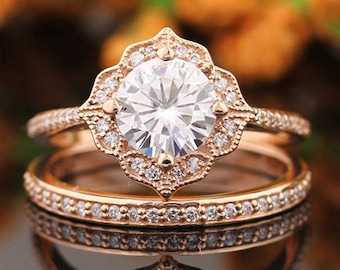 7mm 1.50 CT Round Brilliant Cut Moissanite (EF) Colorless Engagement Ring Vintage Floral style In 14k Rose Gold, Gem1224