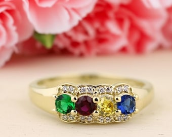 3 or 4 Birthstones Mother's Ring in Solid 10k, 14k White, Yellow Or Rose Gold,  Custom Family Ring