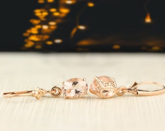Solid 14k Rose Gold Morganite Dangle Lever back Earrings