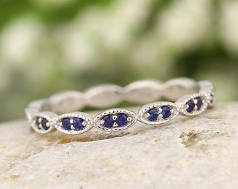 Natural Blue Sapphire Wedding Band Ring ,Full Eternity Band Ring,Art Deco Antique Style  In 14k White,Rose or Yellow Gold Gem1409