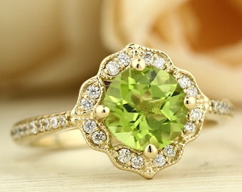 Natural Peridot Engagement Ring Diamond Wedding Ring Vintage Floral Ring In 14k Yellow Gold Gem1224